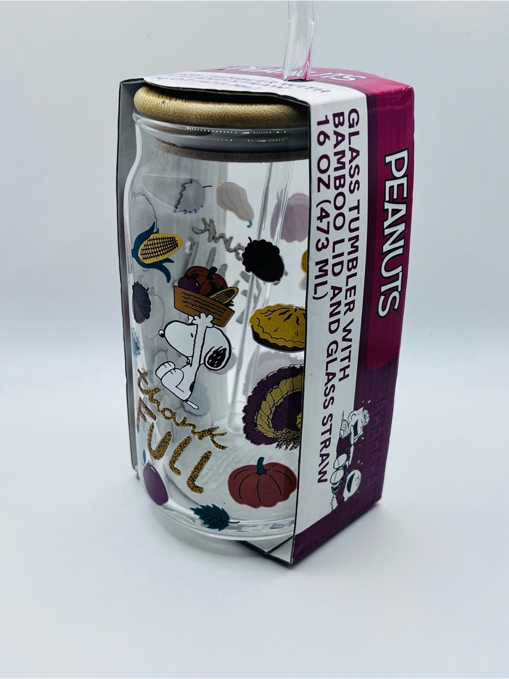 Peanuts Snoopy Thanksgiving Fall Glass Sipper Tumbler Bamboo Lid Straw New